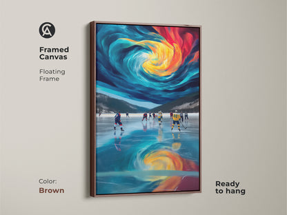 Framed canvas with a floating frame in brown displaying abstract hockey art. Modern sports wall art with dynamic blue yellow and teal colors adds flair to any space. The ice rink scene captures the energy of a hockey game. It is ready to hang. Ideal for an office gym or living area offering a unique gift for sports fans.