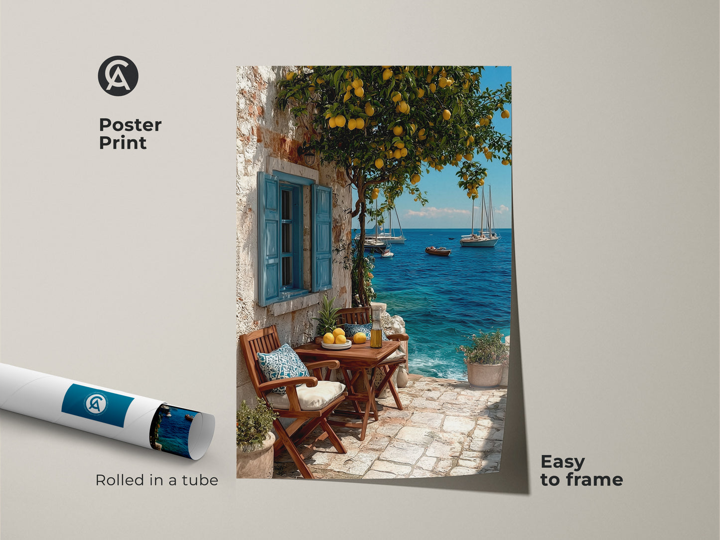 Mediterranean lemon tree artwork as a poster print. Easy to frame azure ocean art. Coastal sailboat wall decor rolled in a tube. Bring the breezy seaside vibe to your home. Ideal folk art travel print or gift for a beach lover. This yellow lemon tree artwork adds a sunny coastal charm to your space.
