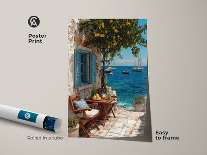Mediterranean lemon tree artwork as a poster print. Easy to frame azure ocean art. Coastal sailboat wall decor rolled in a tube. Bring the breezy seaside vibe to your home. Ideal folk art travel print or gift for a beach lover. This yellow lemon tree artwork adds a sunny coastal charm to your space.