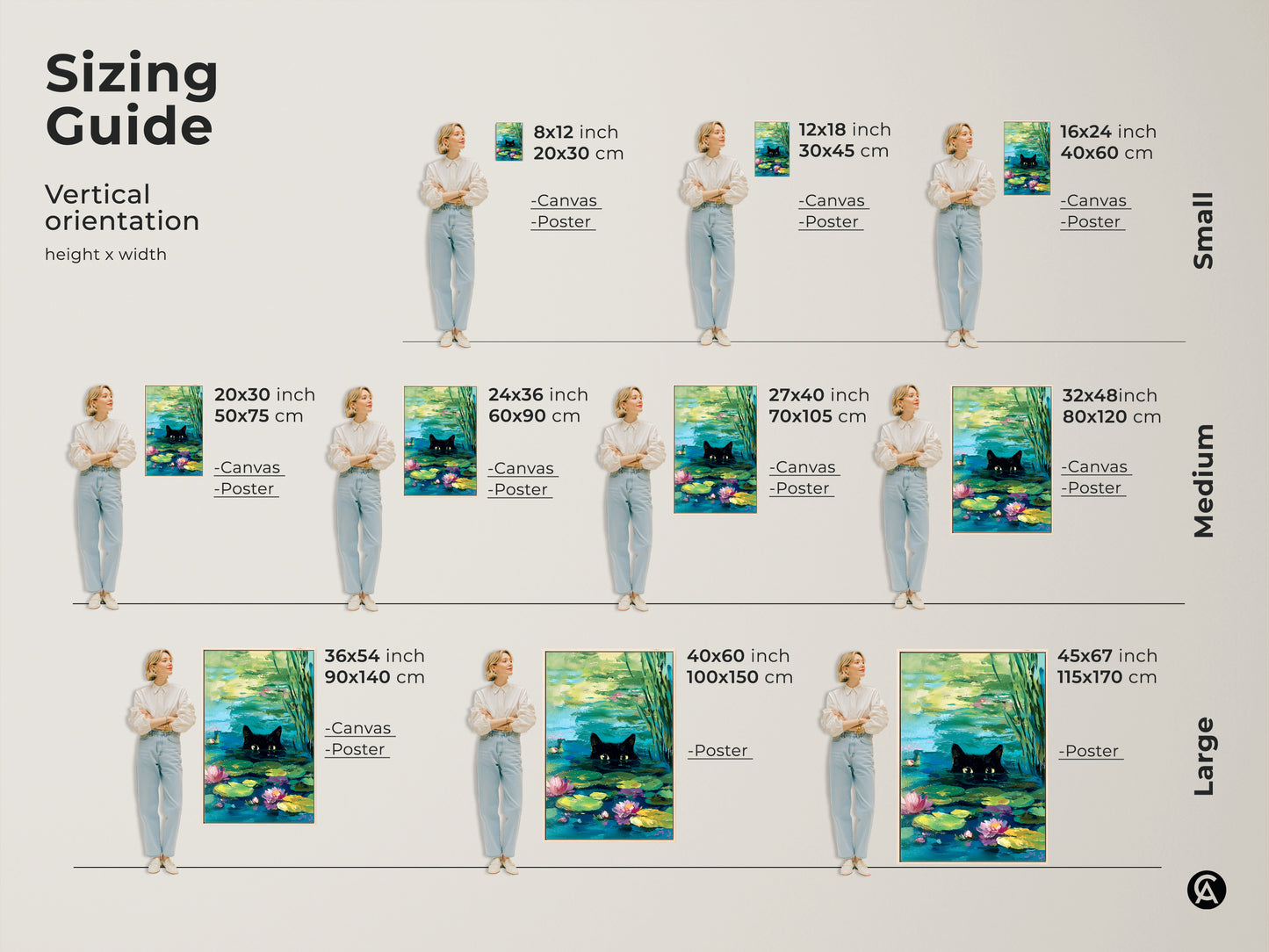 Sizing guide for vertical black cat pond art. Available in small medium and large sizes for canvas or poster. Find the perfect fit for your space. This cat and water lily artwork is a unique addition to any room.