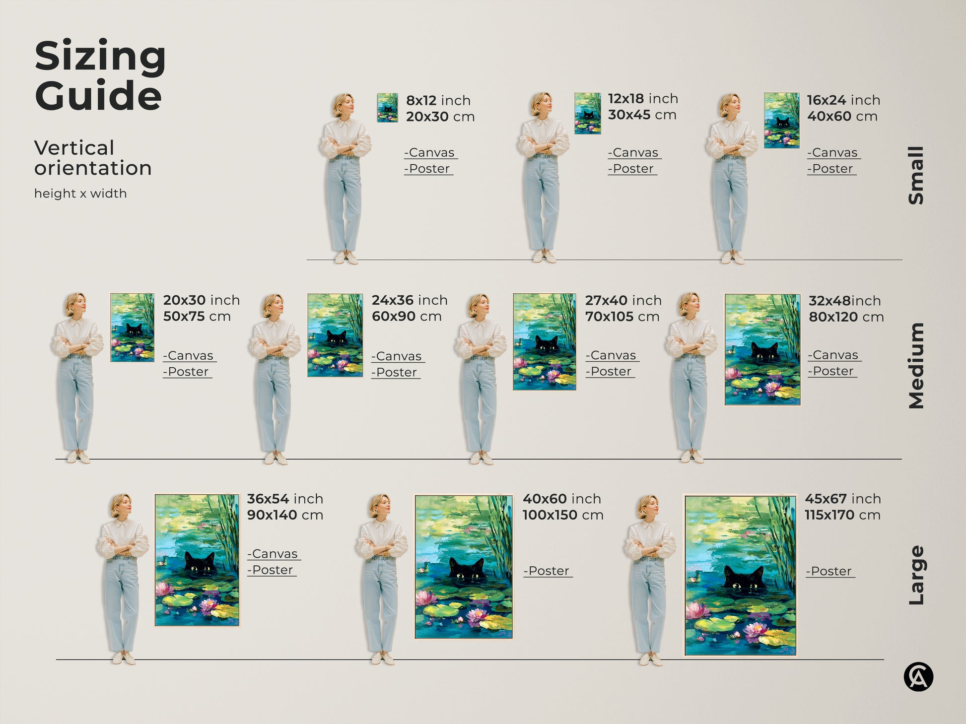Sizing guide for vertical black cat pond art. Available in small medium and large sizes for canvas or poster. Find the perfect fit for your space. This cat and water lily artwork is a unique addition to any room.