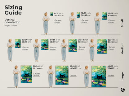 Sizing guide for vertical black cat pond art. Available in small medium and large sizes for canvas or poster. Find the perfect fit for your space. This cat and water lily artwork is a unique addition to any room.