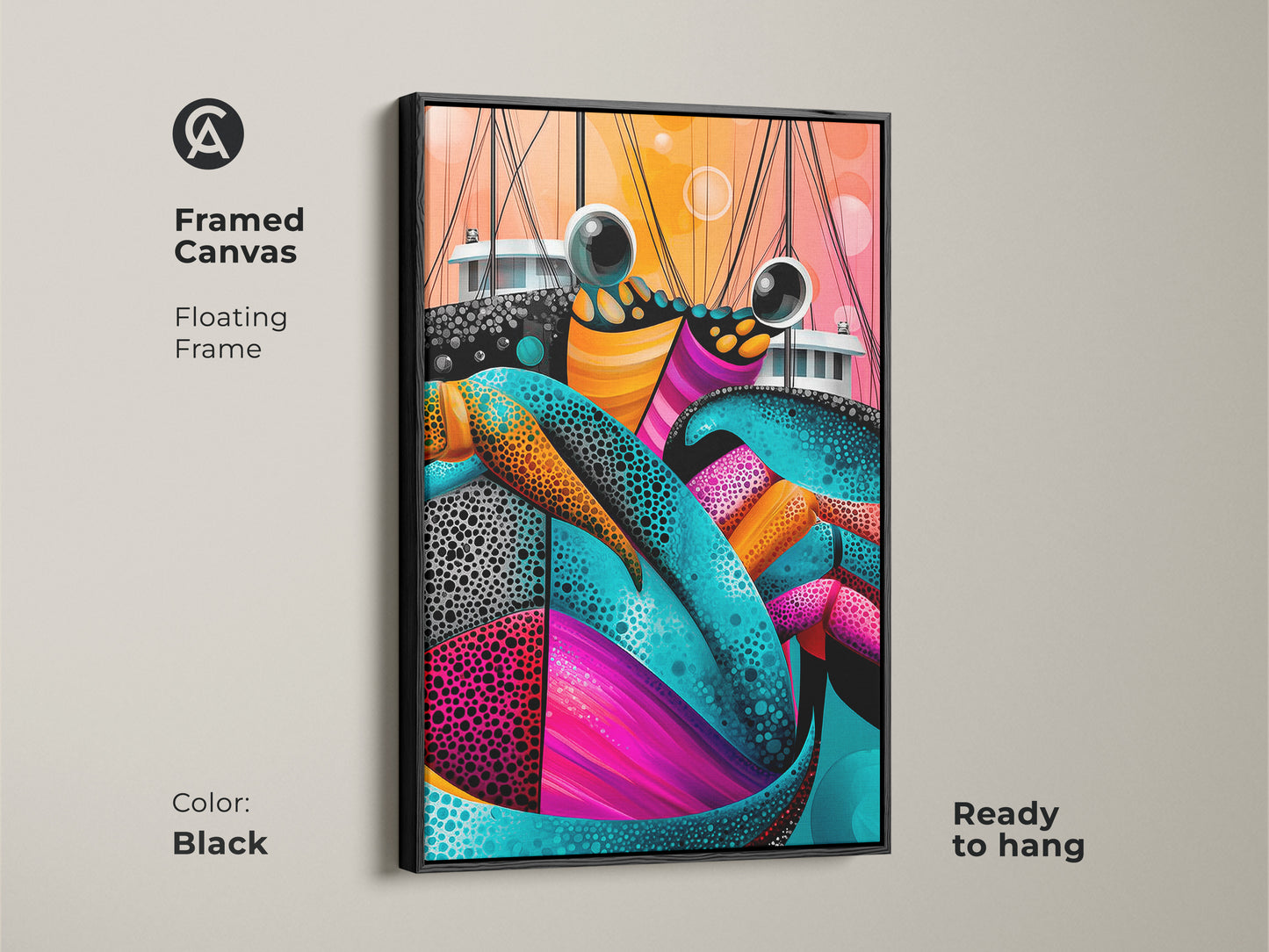 Black framed canvas of an abstract crab. This artwork will add a touch of the sea. The colorful marine life print features teal pink and orange hues. It is ready to hang. This nautical home gift will make a statement. This is ideal for eclectic spaces.
