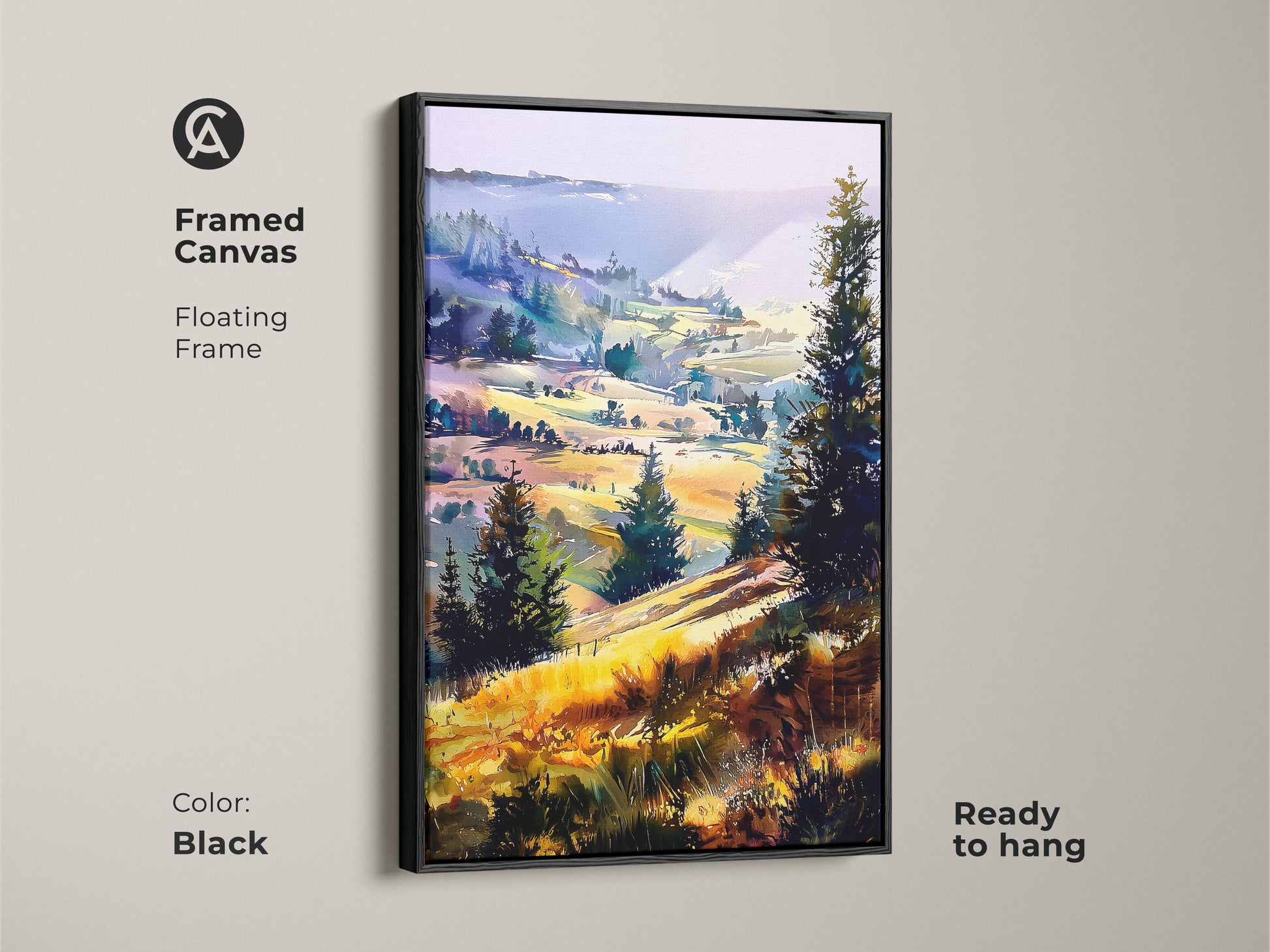 Black framed canvas of a boho landscape. The impressionistic hills and trees artwork is ready to hang. This yellow green purple nature art adds a spring landscape decor to any room.