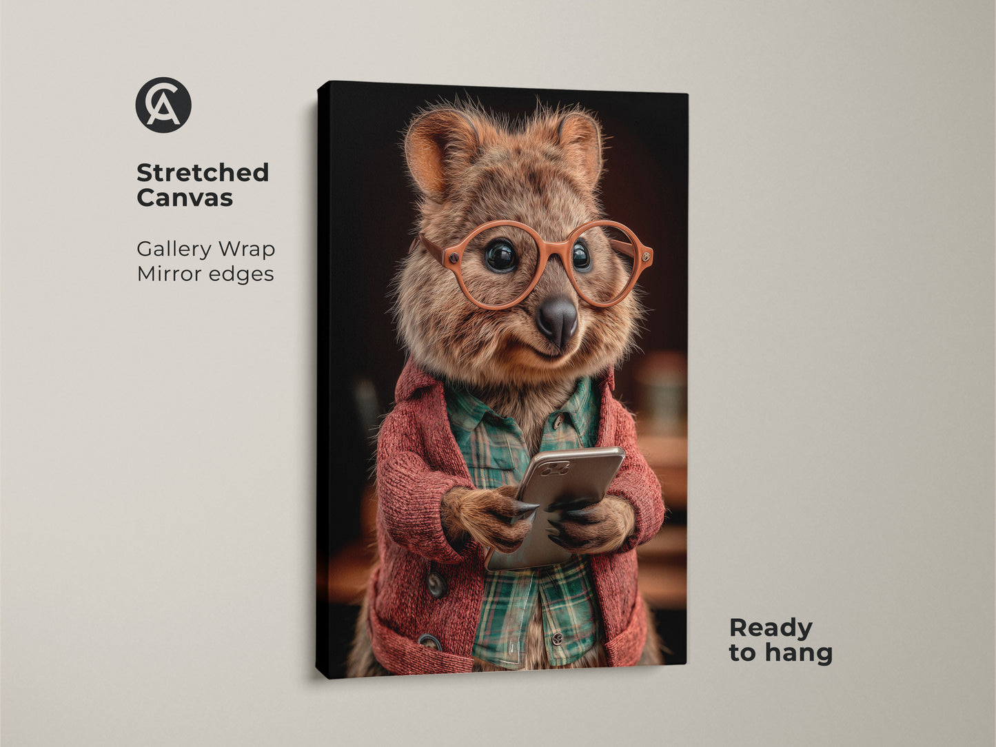Stretched canvas of glasses wearing quokka art. This animal is holding a phone. Funny animal wall decor is ready to hang. A quirky animal portrait on gallery wrap with mirror edges. Unique office wall art.