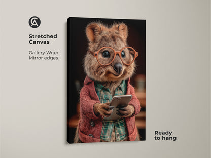 Stretched canvas of glasses wearing quokka art. This animal is holding a phone. Funny animal wall decor is ready to hang. A quirky animal portrait on gallery wrap with mirror edges. Unique office wall art.