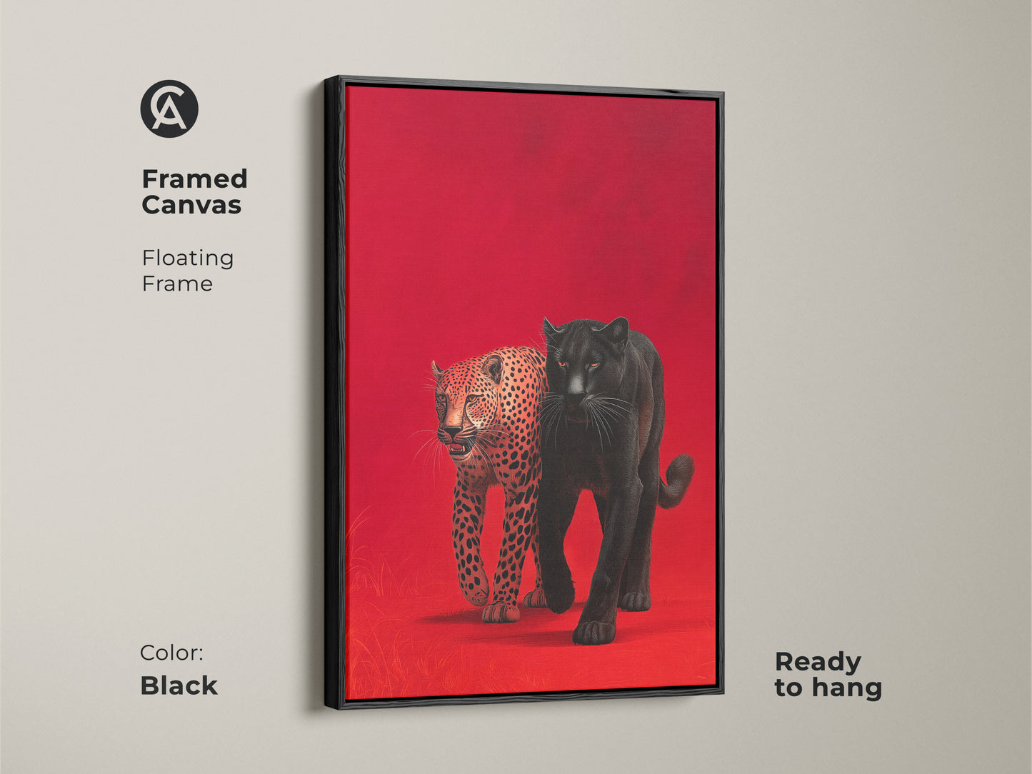 Framed canvas art featuring a black panther and leopard against a red backdrop. The floating frame is black and ready to hang. This piece offers a modern and sophisticated touch to wildlife artwork. Perfect for adding a bold statement to any room with this beautiful art.