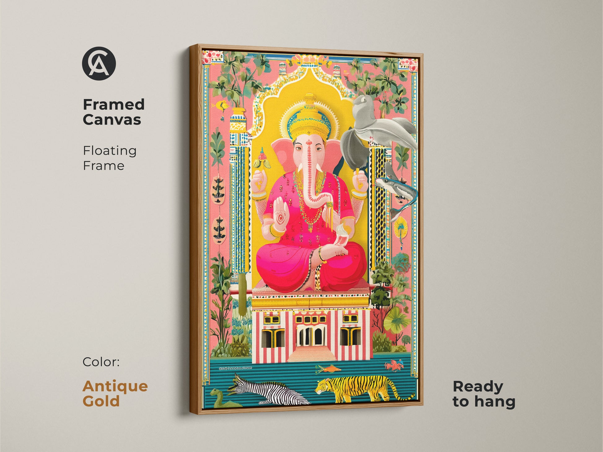 The framed canvas features Ganesha in an antique gold floating frame. This vibrant Ganesha artwork is ready to hang. Its boho-style decor adds charm. It is perfect for entryways. This handmade Ganesha inspired piece provides a unique spiritual touch to your space.