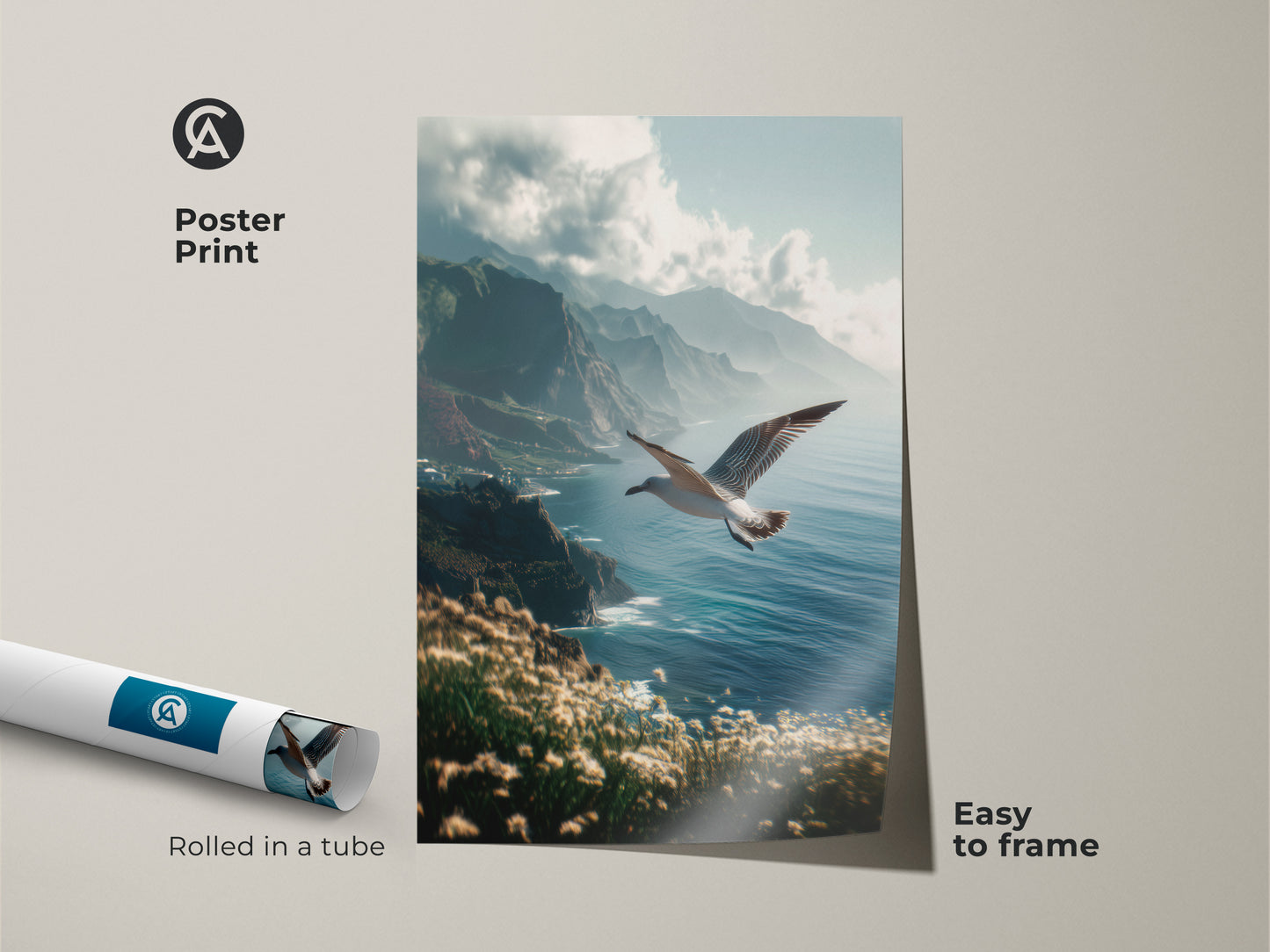 Poster Print of seagull artwork on museum-quality paper. A coastal scene of seagull flying over ocean cliffs. Easy to frame this nature-inspired art is perfect for summer beach wall decor. Rolled in a tube for protection.