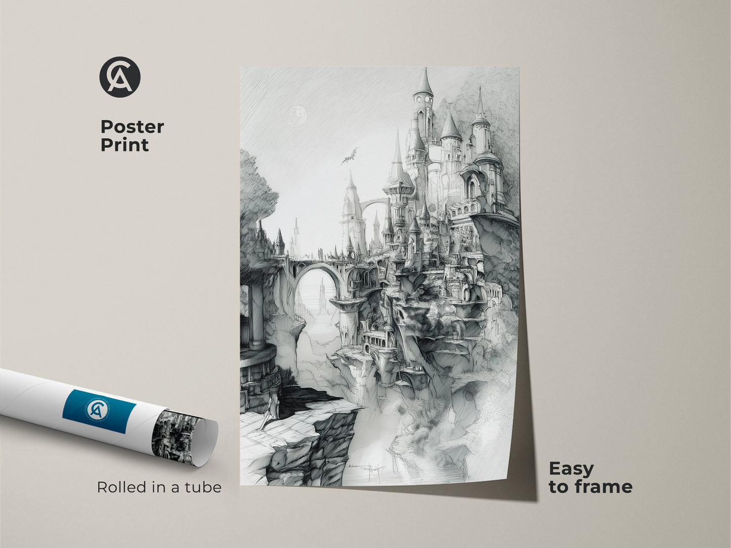 Poster print of a fantasy castle artwork. This wall art shows a detailed sketch of a castle on cliffs. This poster print is easy to frame and adds charm to any room. Buy this unique castle art today