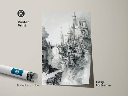 Poster print of a fantasy castle artwork. This wall art shows a detailed sketch of a castle on cliffs. This poster print is easy to frame and adds charm to any room. Buy this unique castle art today