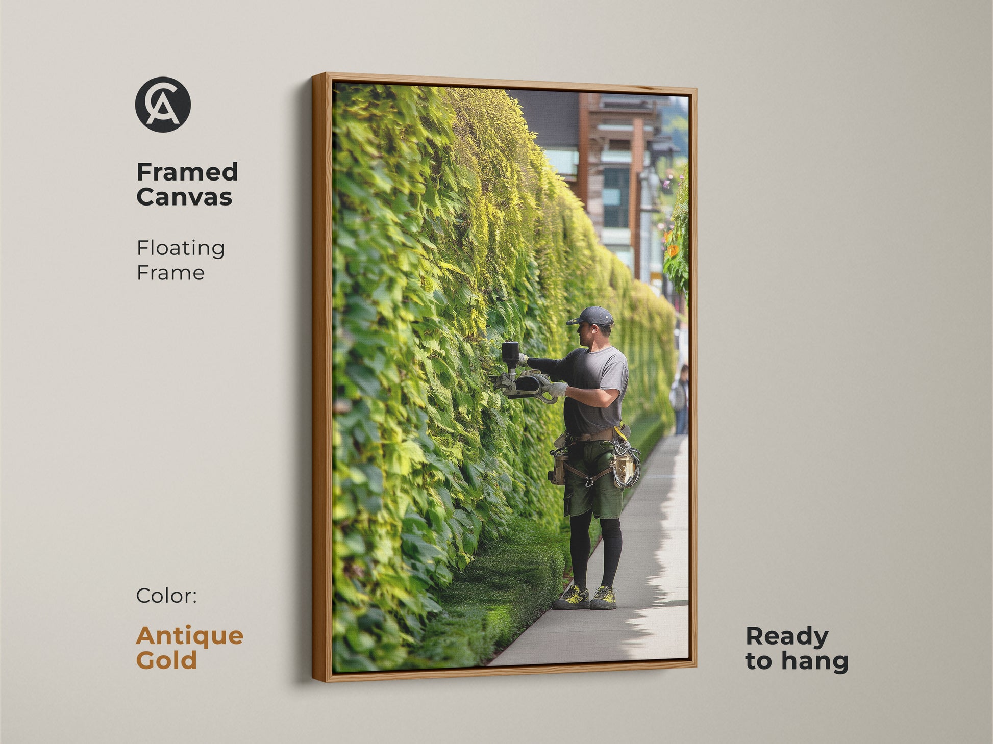 Framed canvas showcasing a gardener trimming an ivy wall. The floating antique gold frame enhances this ready to hang contemporary piece. A refined addition to any residential entryway decor.