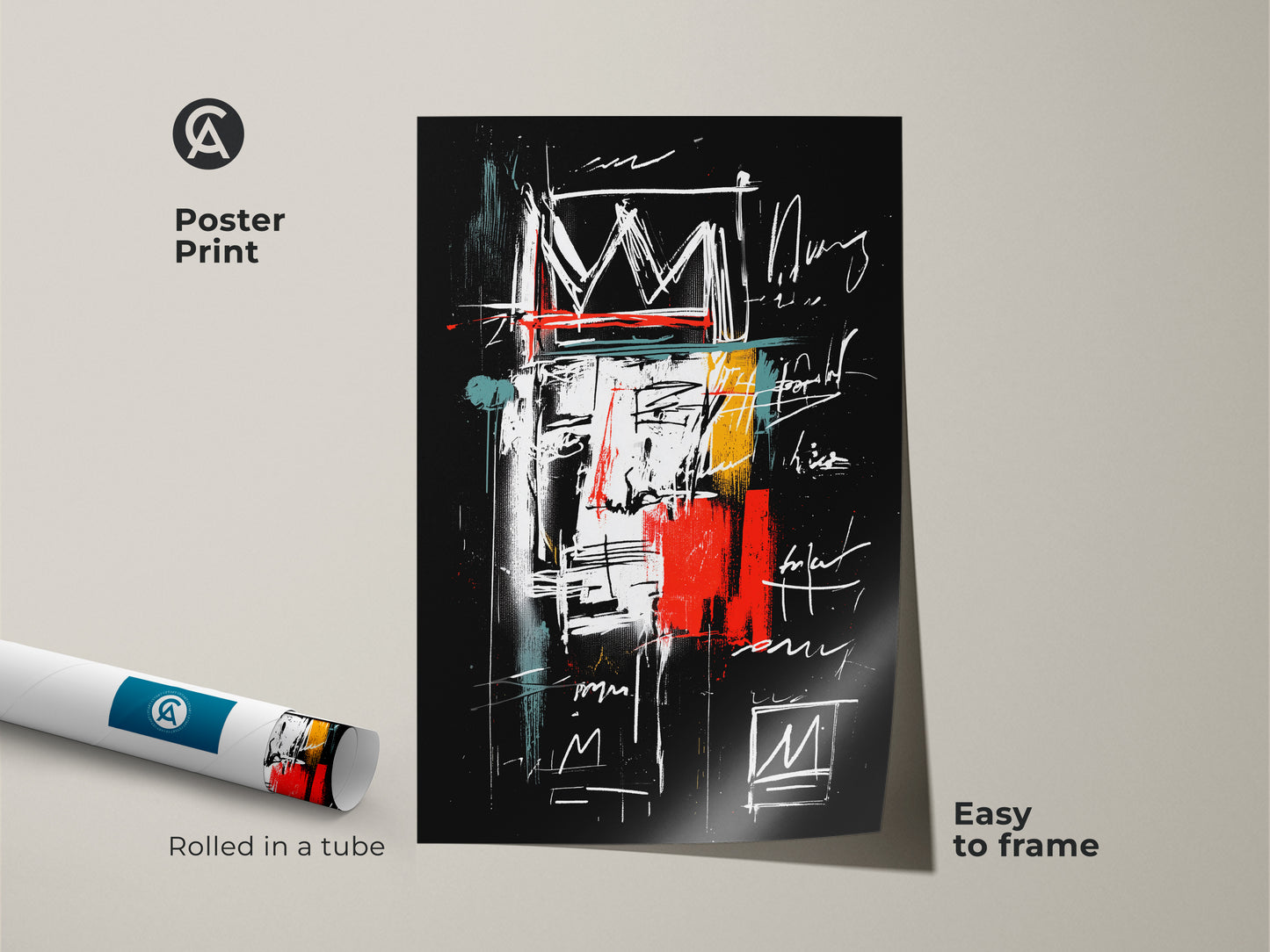Poster print featuring abstract crown art rolled in a tube. The artwork is easy to frame and display. This museum-quality print captures the essence of contemporary style. Perfect for adding a touch of creativity to any room. The bold design will make a statement.