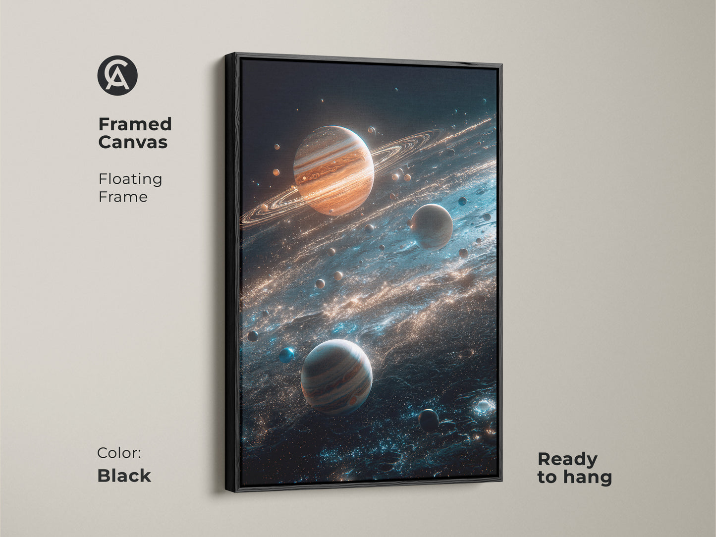 Black framed canvas of planets and cosmic dust. The floating frame gives a sophisticated look. This ready-to-hang planet art is perfect for any room. Shop now and elevate your home decor with cosmic artwork.