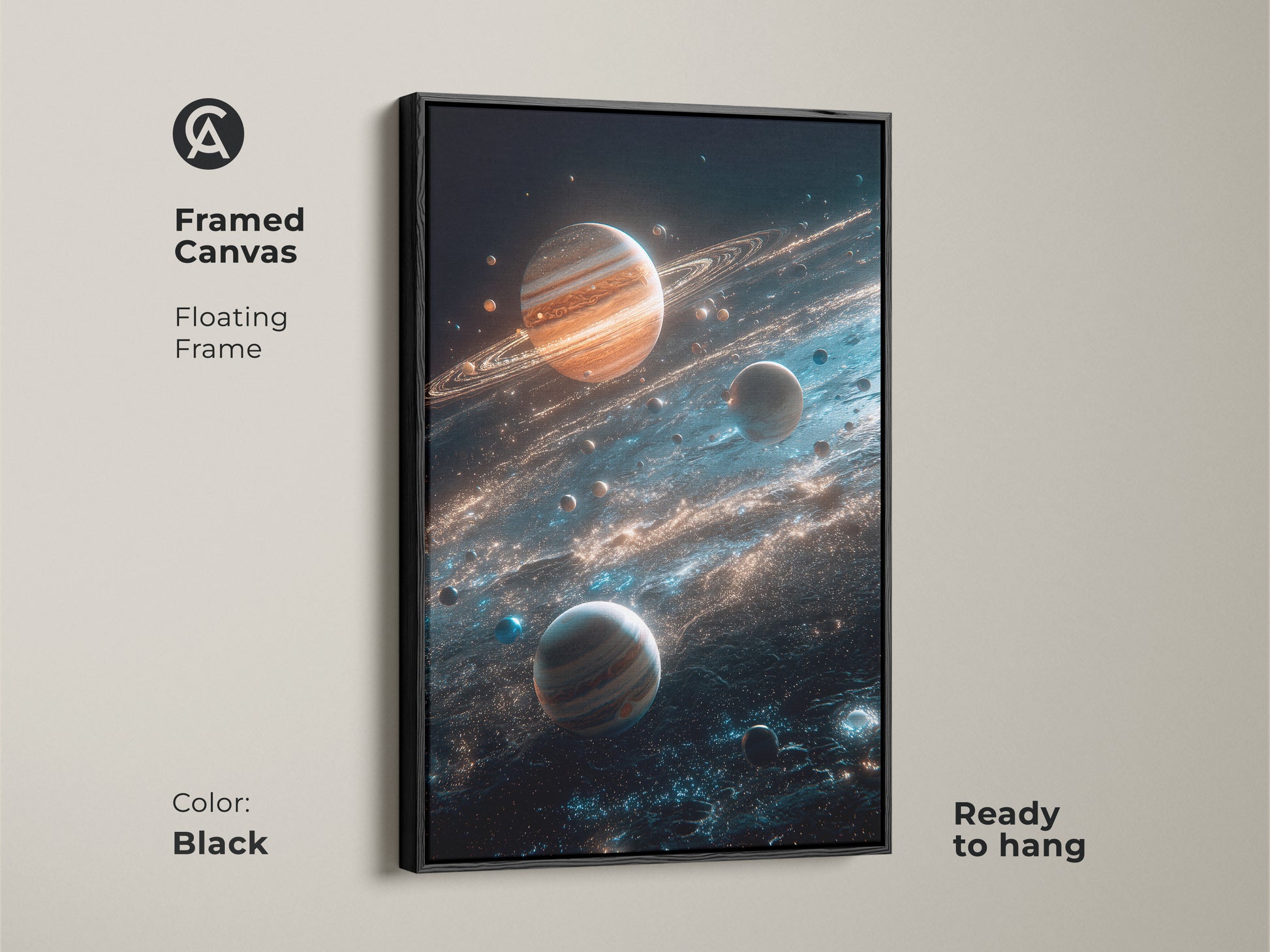 Black framed canvas of planets and cosmic dust. The floating frame gives a sophisticated look. This ready-to-hang planet art is perfect for any room. Shop now and elevate your home decor with cosmic artwork.