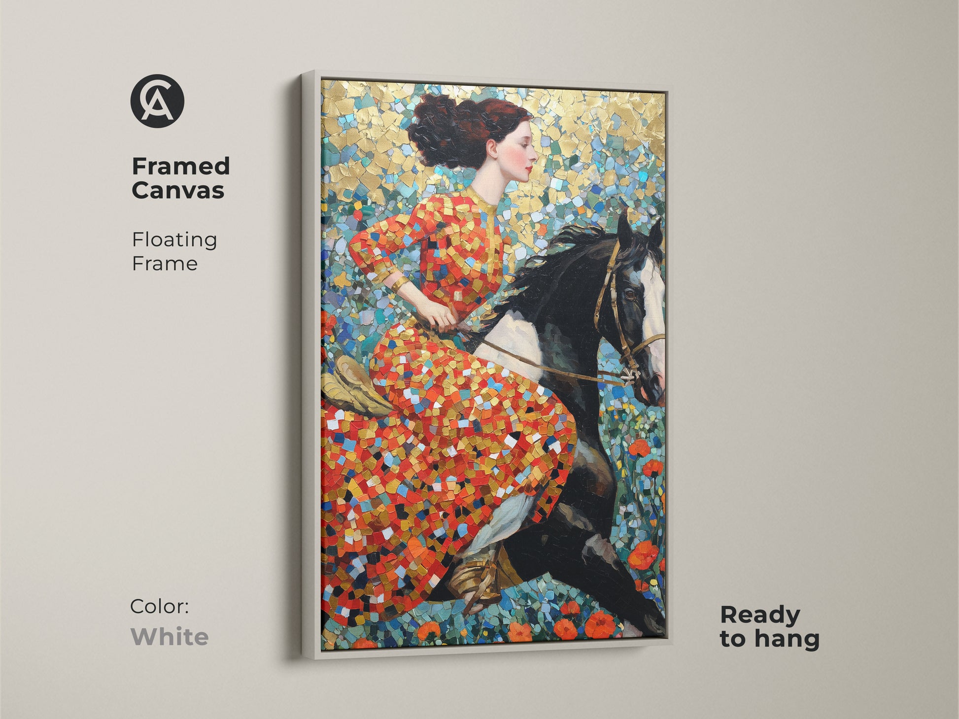 Discover this framed canvas print of a woman riding a horse. The white floating frame highlights the mosaic style artwork. The red gold and teal colors create a vibrant wall art piece. A perfect addition to any room this canvas is ready to hang. It enhances equestrian themed decor.
