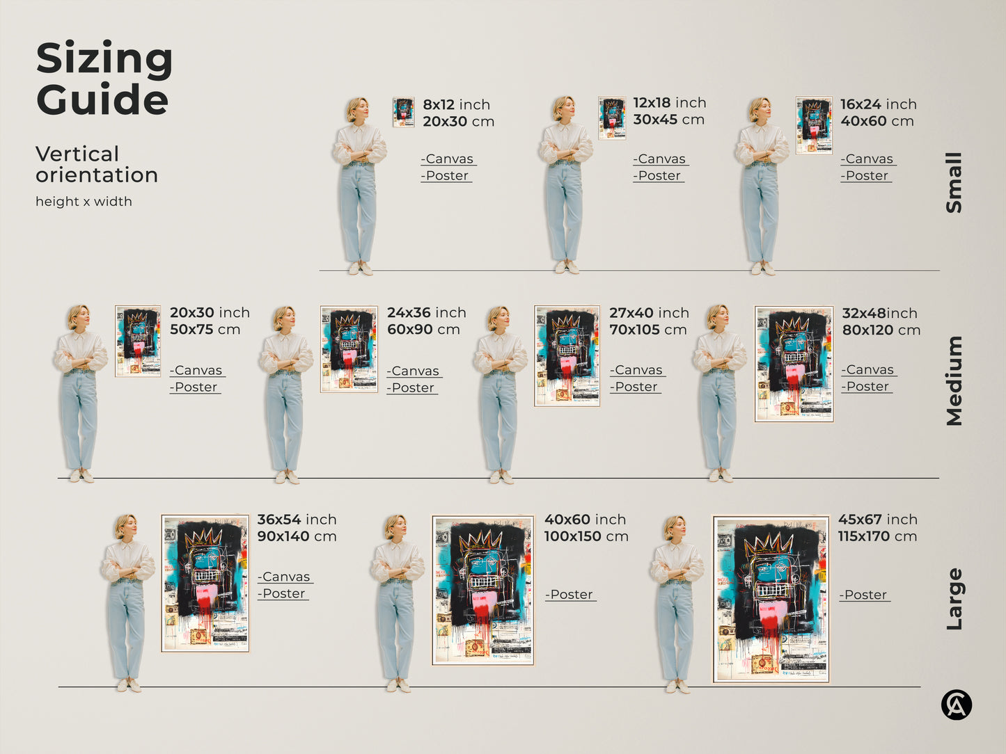 Sizing guide for vertical Basquiat-style artwork. Available in small medium and large sizes. Options include canvas and poster prints. Find the perfect fit for your space with our size comparison guide