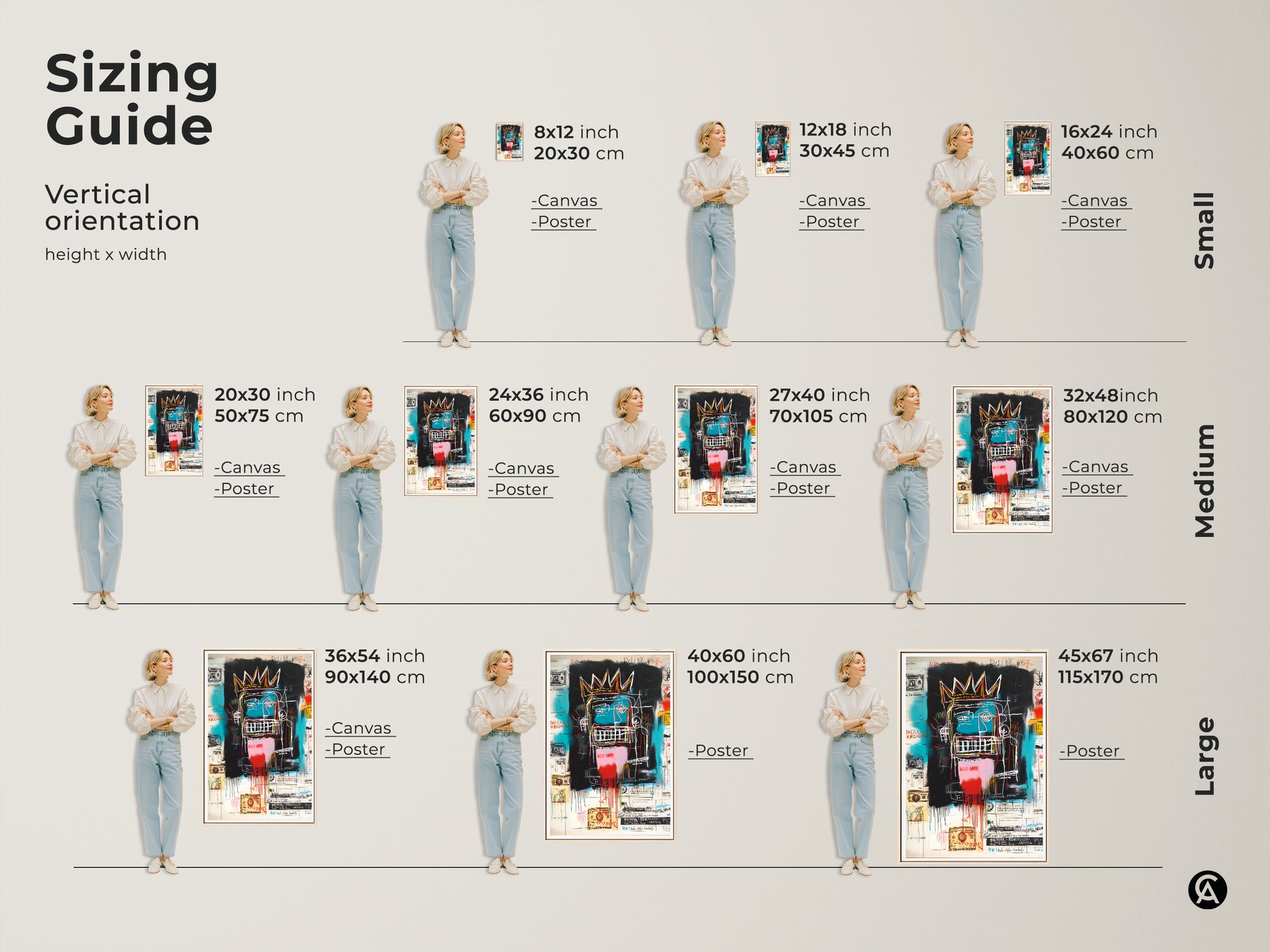 Sizing guide for vertical Basquiat-style artwork. Available in small medium and large sizes. Options include canvas and poster prints. Find the perfect fit for your space with our size comparison guide