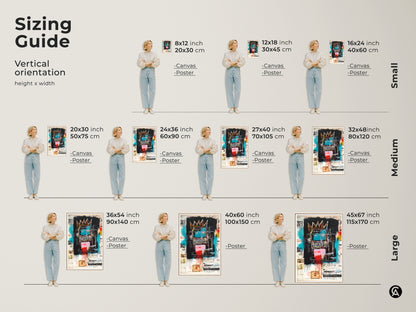 Sizing guide for vertical Basquiat-style artwork. Available in small medium and large sizes. Options include canvas and poster prints. Find the perfect fit for your space with our size comparison guide