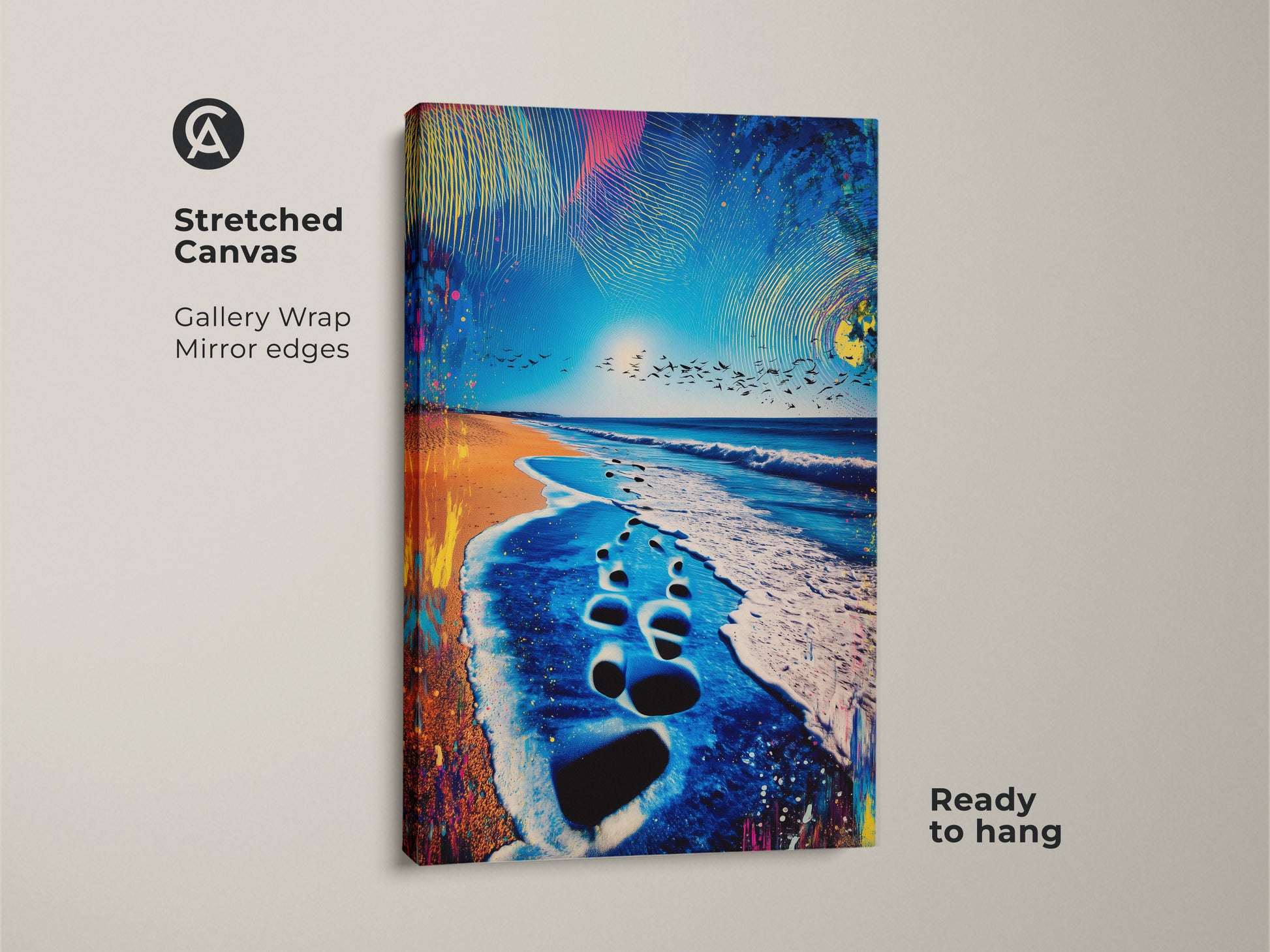 Stretched canvas print of abstract beach art featuring ocean footprints. It offers a ready-to-hang gallery wrap with mirrored edges. The coastal artwork captures the essence of summer and brings a touch of the seaside to your space.