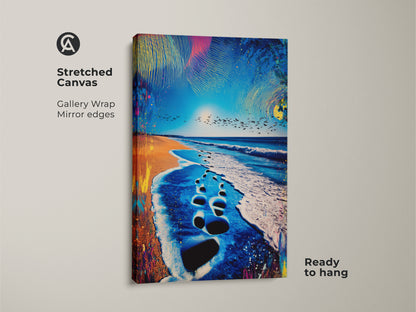 Stretched canvas print of abstract beach art featuring ocean footprints. It offers a ready-to-hang gallery wrap with mirrored edges. The coastal artwork captures the essence of summer and brings a touch of the seaside to your space.