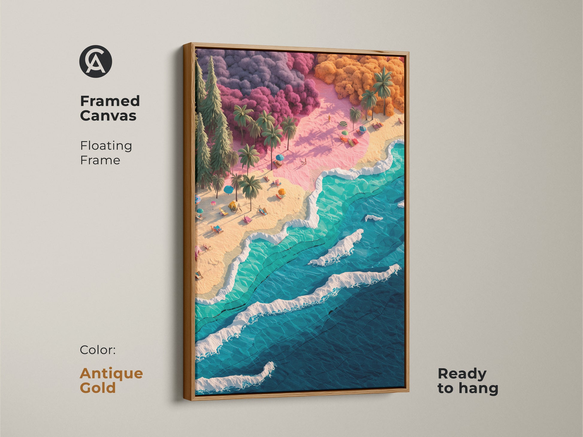 Antique gold framed canvas art featuring a beach scene. The floating frame adds elegance to this colorful artwork. The beach has turquoise waves. Palm trees and beach umbrellas dot the sand. Ready to hang.