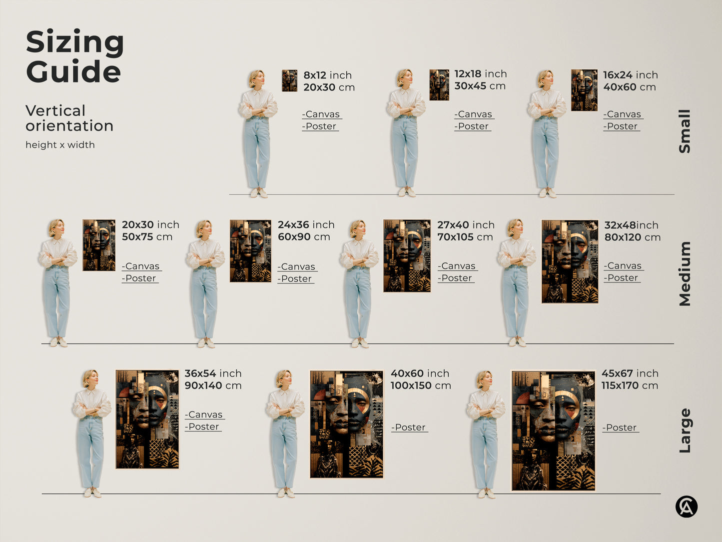 Sizing guide for vertical Afrofuturist art orientation. Available as canvas or poster in small medium and large. Sizes range from 8x12 to 45x67 inches. Perfect for any space.