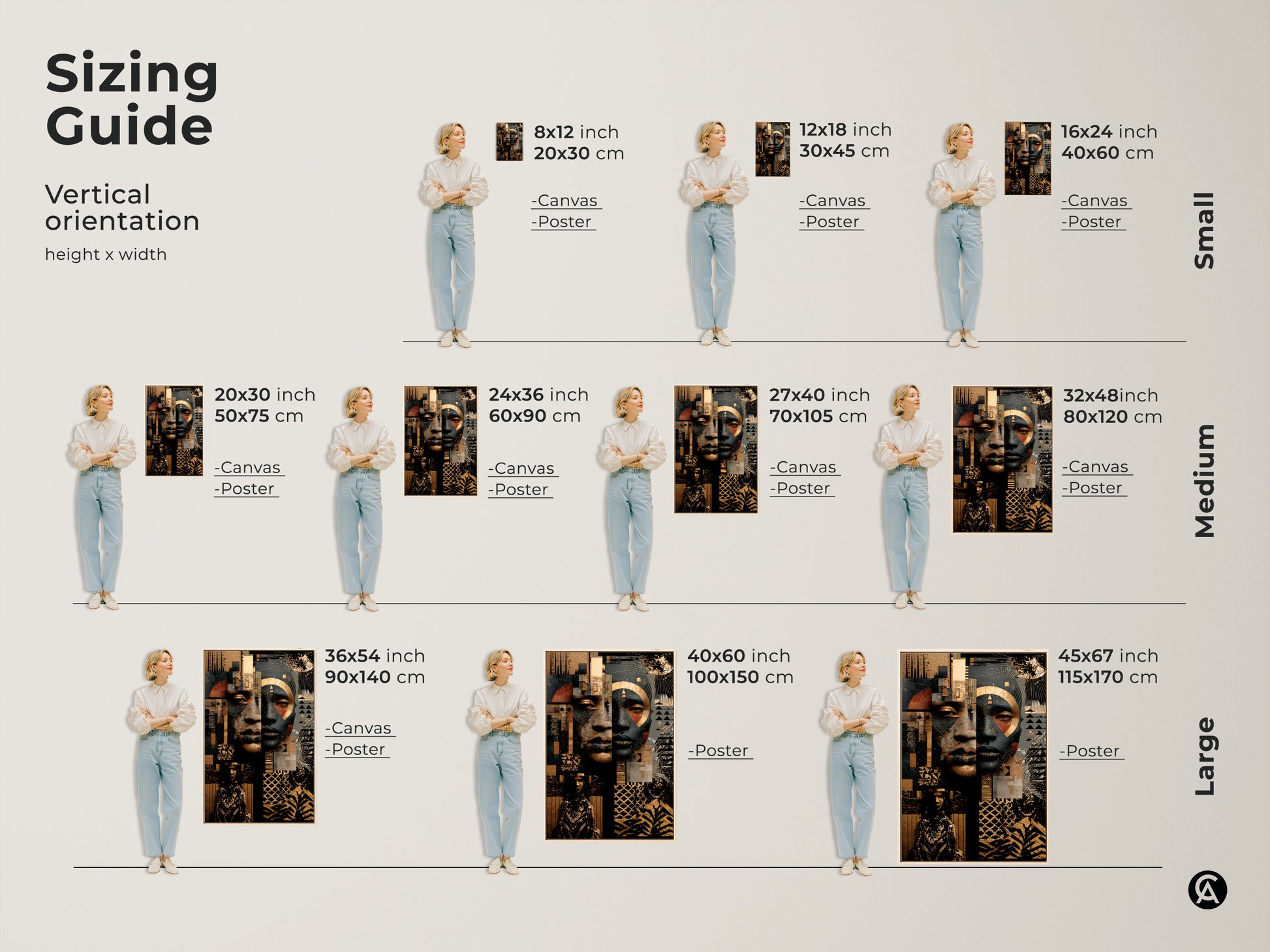 Sizing guide for vertical Afrofuturist art orientation. Available as canvas or poster in small medium and large. Sizes range from 8x12 to 45x67 inches. Perfect for any space.