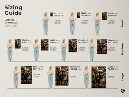 Sizing guide for vertical Afrofuturist art orientation. Available as canvas or poster in small medium and large. Sizes range from 8x12 to 45x67 inches. Perfect for any space.