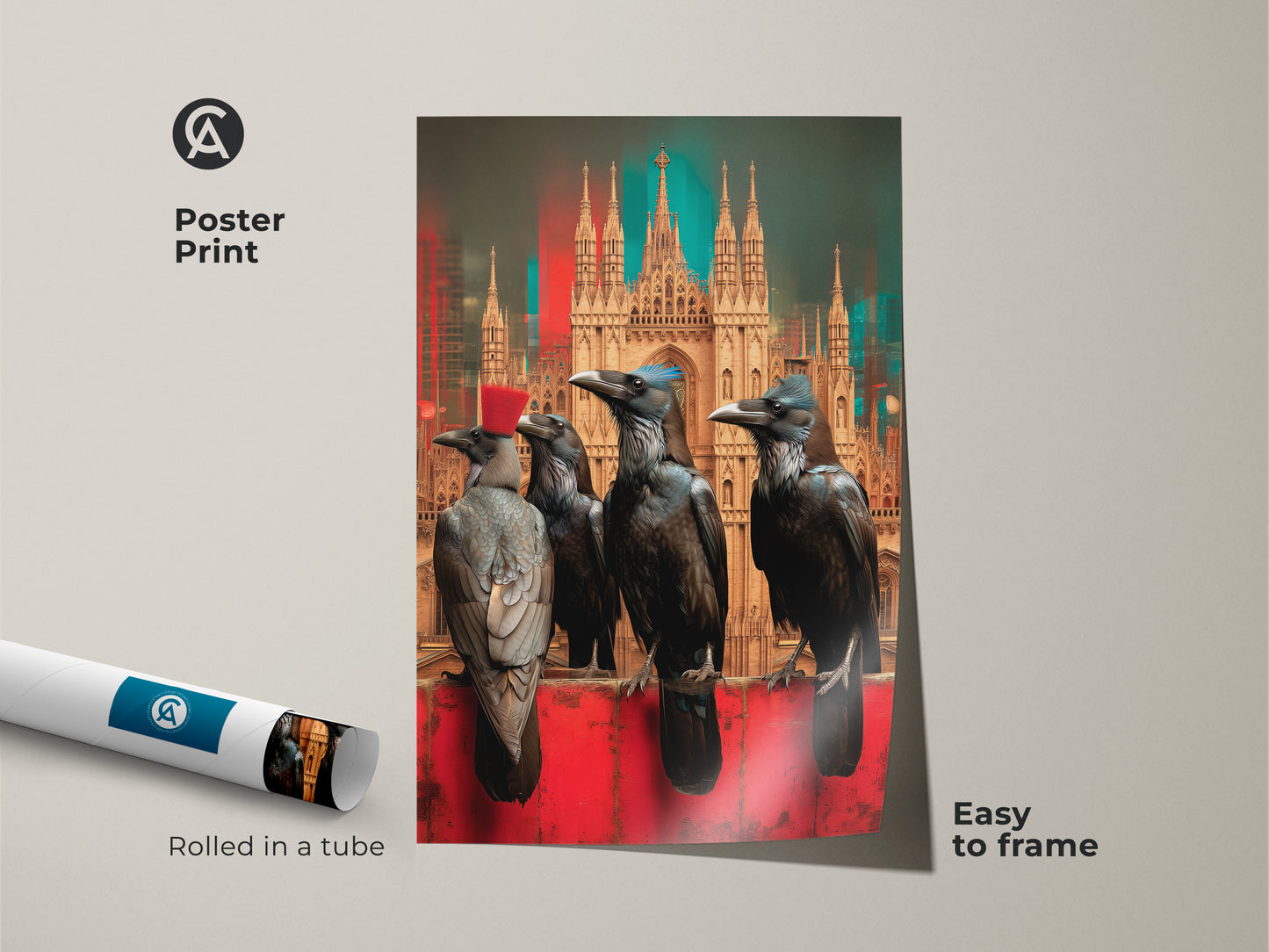 Dark academia wall decor featuring crows is presented as an easy-to-frame poster print. Rolled in a tube this surrealism cityscape print is perfect for eclectic gothic home art. The Halloween crow artwork brings a moody touch ideal for study rooms or unique office gifts.