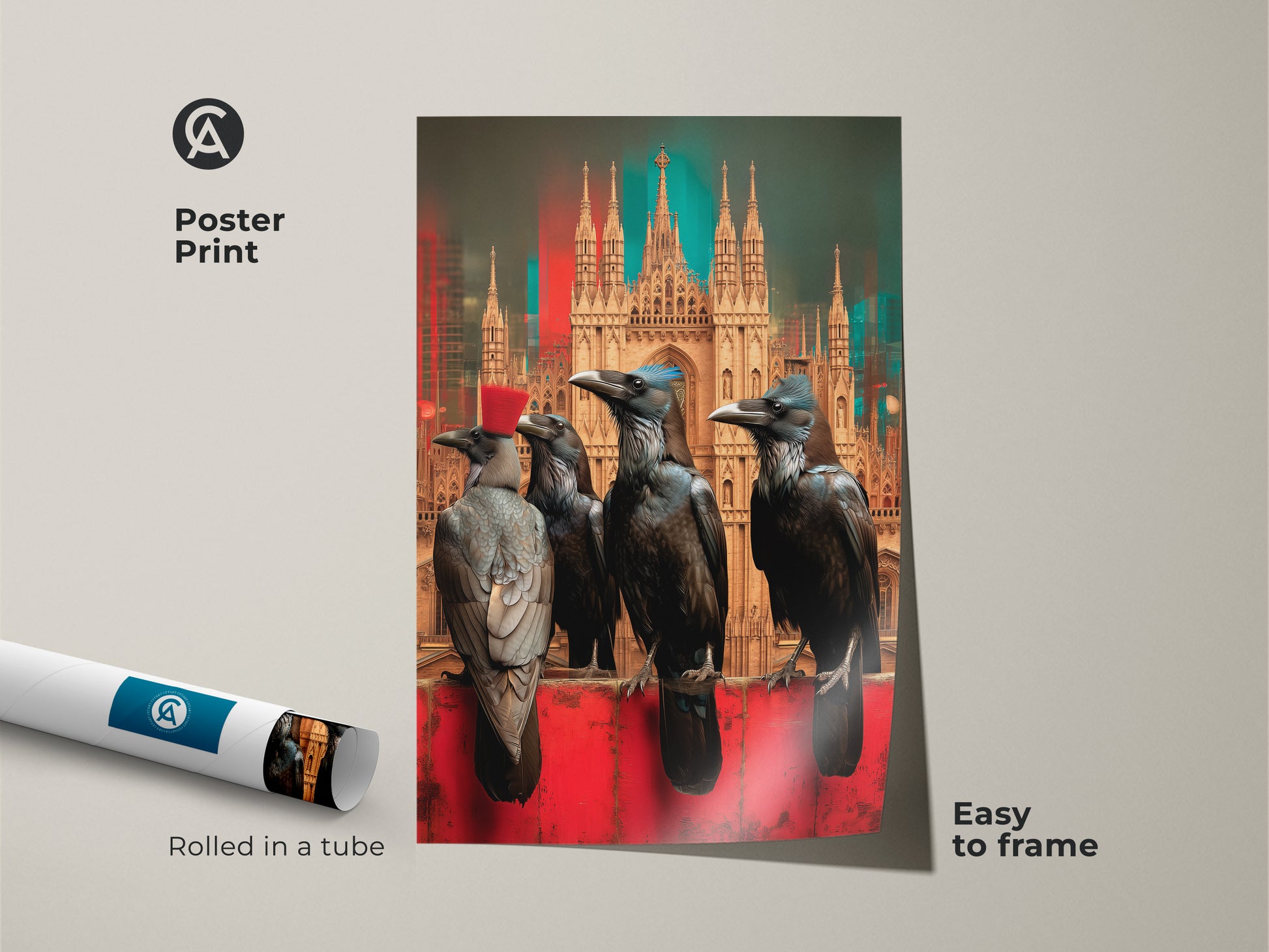 Dark academia wall decor featuring crows is presented as an easy-to-frame poster print. Rolled in a tube this surrealism cityscape print is perfect for eclectic gothic home art. The Halloween crow artwork brings a moody touch ideal for study rooms or unique office gifts.