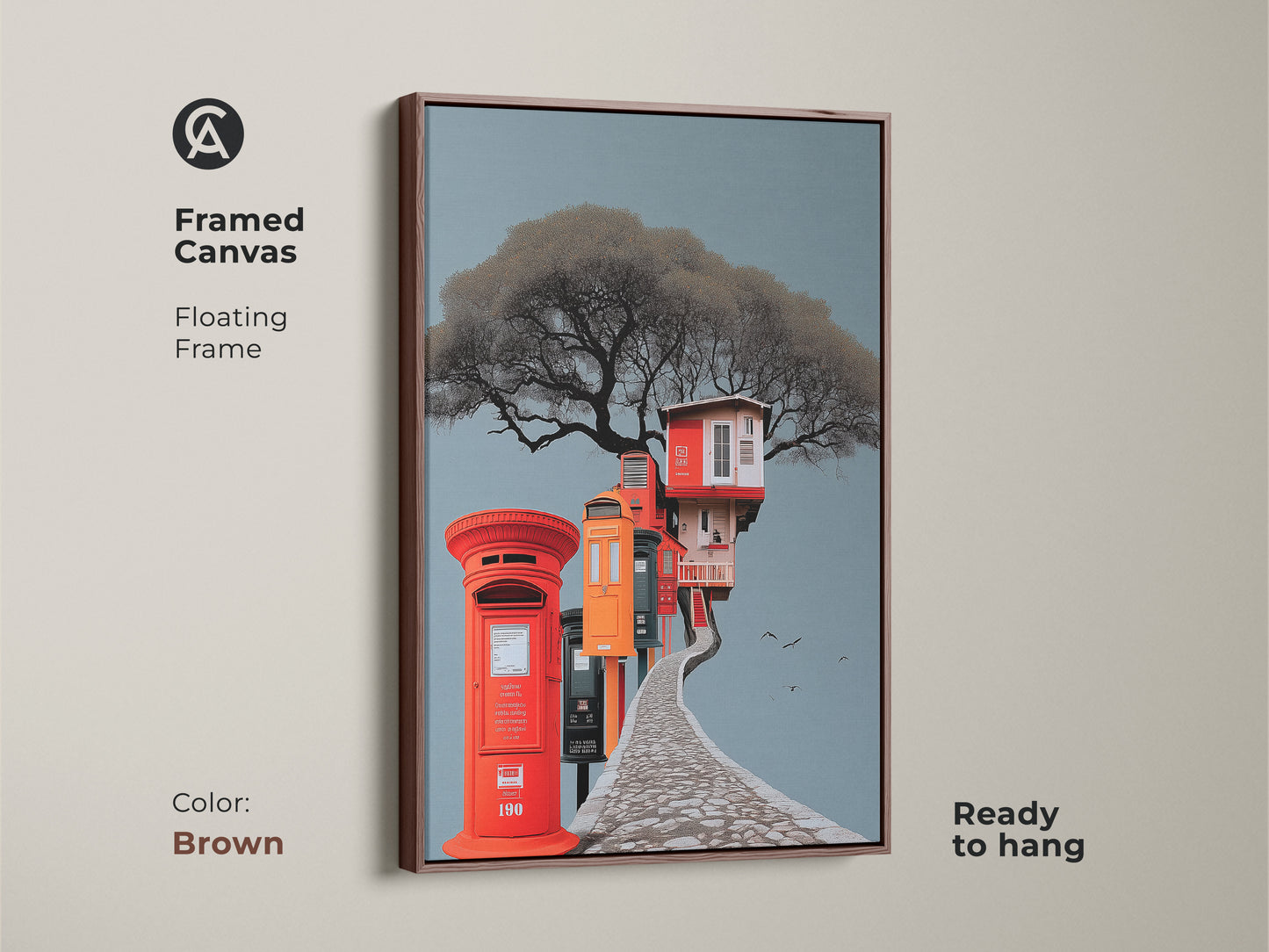 Brown framed canvas featuring surreal architecture art. A floating frame showcases an eclectic treehouse and post box artwork. Ready to hang gray blue and red orange print is great for unique living room decor. Perfect gift for art collectors.