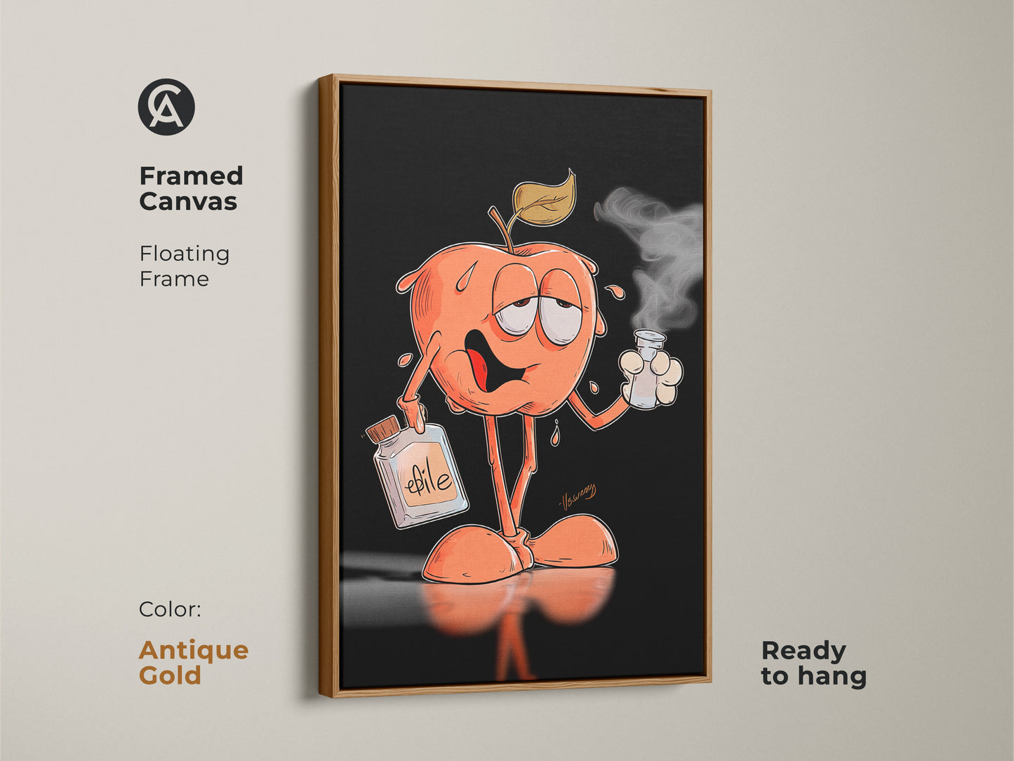 Framed canvas art featuring a cartoon apple enjoying a smoking drink. The floating frame is antique gold and the art is ready to hang. The artwork includes a bottle labeled "efile". It is ideal for adding character to your space.