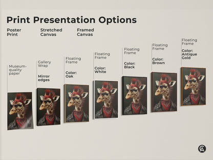 Print presentation options showcasing various formats. Including poster prints stretched canvas and framed canvas. See the punk rock giraffe art in different styles. Museum-quality and ready to hang.