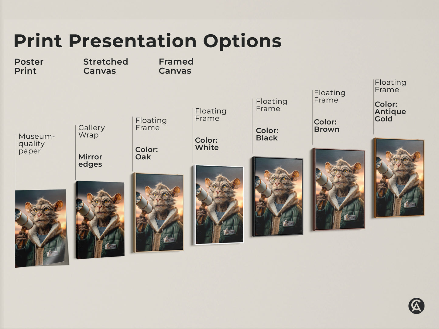 Print presentation options featuring surreal cat artwork. Choose from poster prints stretched canvas and framed canvas in various colors. Options include museum quality paper gallery wrap black brown antique gold and white frames. Find the perfect piece of animal art for your space.