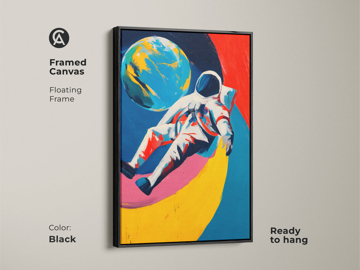 Framed canvas art of an astronaut and planet with a black floating frame. Contemporary wall decor uses blue red and yellow. This unique space art is ready to hang.