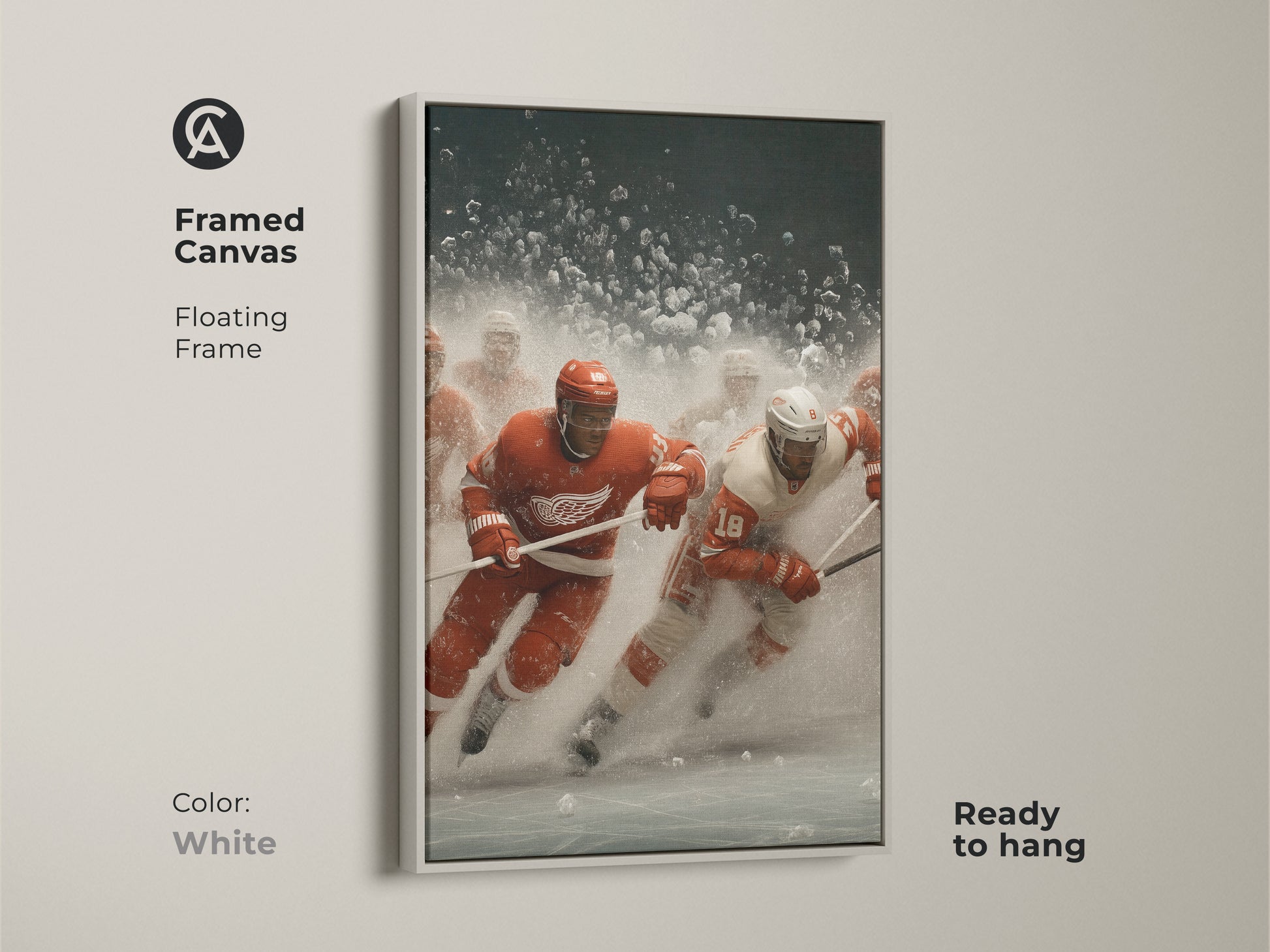 Framed Canvas with Floating Frame featuring a dynamic Ice Hockey action shot.  The artwork is ready to hang with a white frame. This sports decor is perfect for game rooms and hockey fans. The Red and White print adds an energetic contemporary feel.