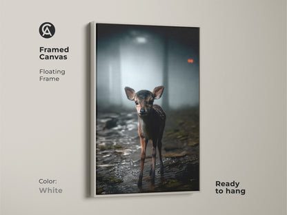 The framed canvas presents a photorealistic baby deer in a misty forest. A white frame provides a clean contrast for this rustic artwork. Ready to hang this animal nursery artwork brings serene nature to your space. It's an ideal rustic cabin wall art.
