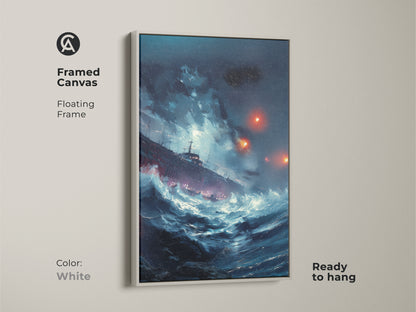 Framed canvas with a floating frame in white. Nautical artwork depicting a ship in a stormy sea. Deep blue and teal ocean waves print. Maritime themed art ready for display.