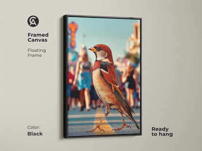 Framed canvas featuring a sparrow in an urban street scene ready to hang. The floating frame is black which complements the contemporary art. This urban wildlife canvas art uses orange brown teal colors perfect for modern entryway decor for nature and city lovers.