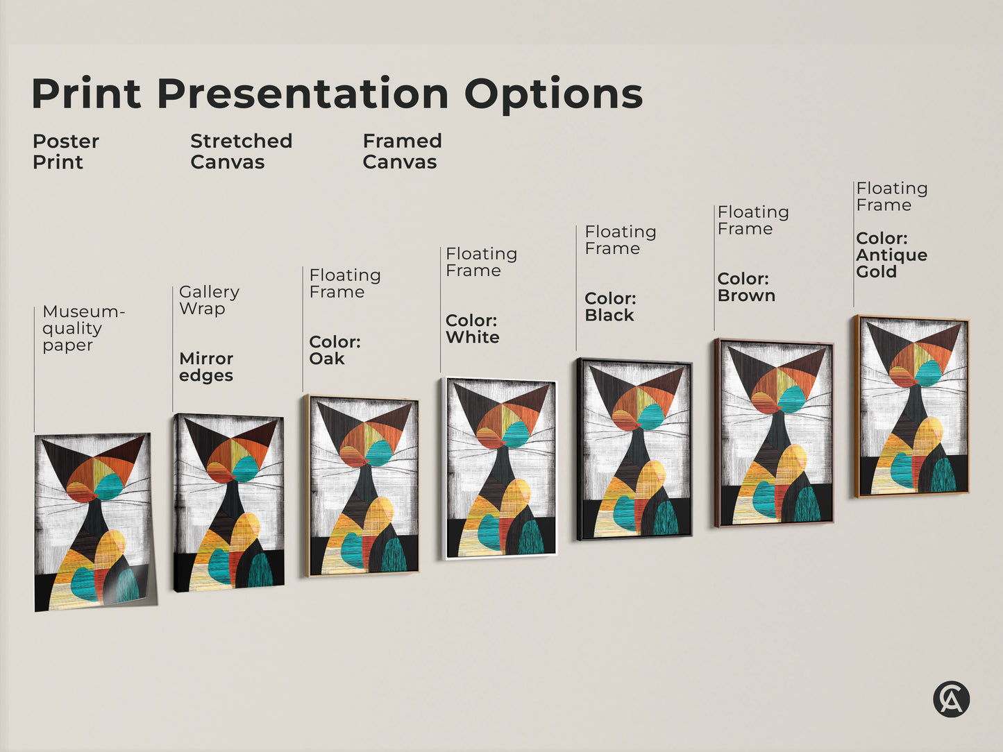 Presentation options for abstract geometric cat art. Includes poster print stretched canvas and framed canvas. See color options like black brown antique gold and white frames.