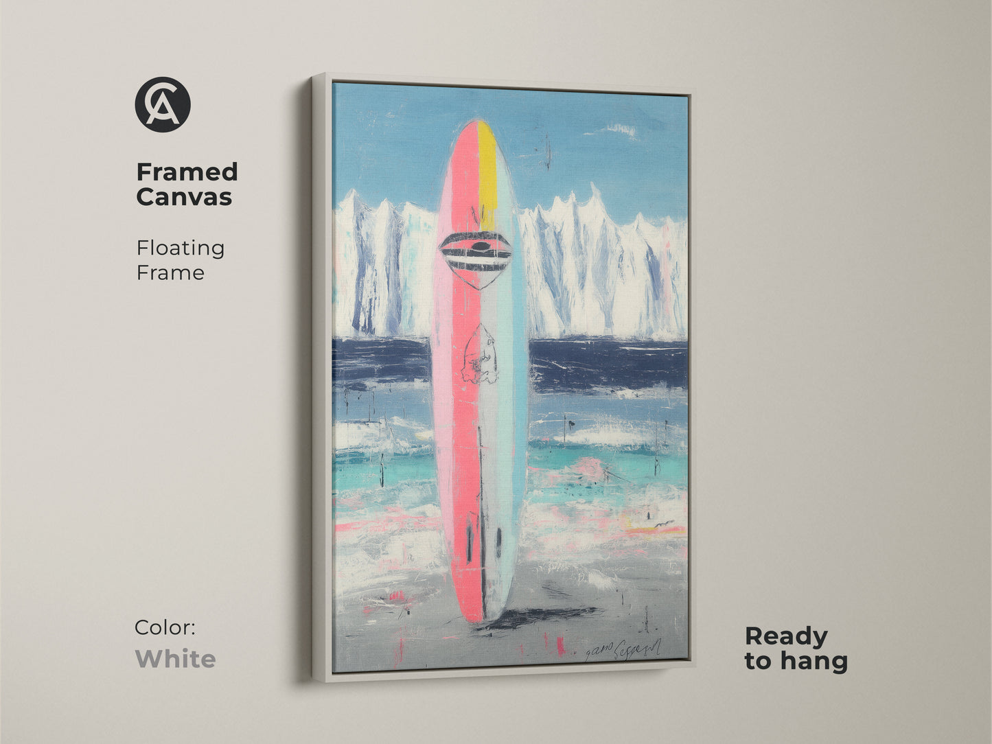 Framed canvas with a white floating frame. Features abstract surfboard art. Showcases the pink blue and teal artwork. Ready to hang. A modern coastal piece.