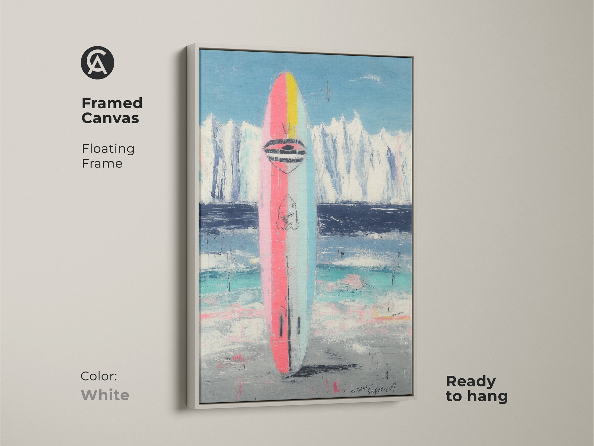 Framed canvas with a white floating frame. Features abstract surfboard art. Showcases the pink blue and teal artwork. Ready to hang. A modern coastal piece.