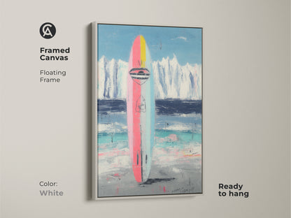 Framed canvas with a white floating frame. Features abstract surfboard art. Showcases the pink blue and teal artwork. Ready to hang. A modern coastal piece.