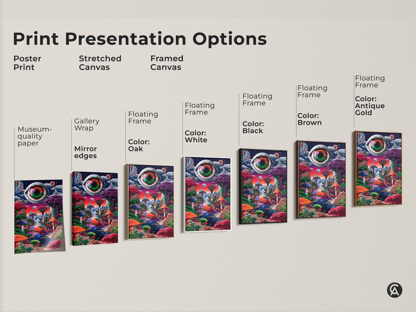 Print presentation options for Eye See You artwork. Choose from poster print stretched canvas or framed canvas. Frame colors include black brown antique gold oak and white. Find the perfect museum-quality print for your wall decor.