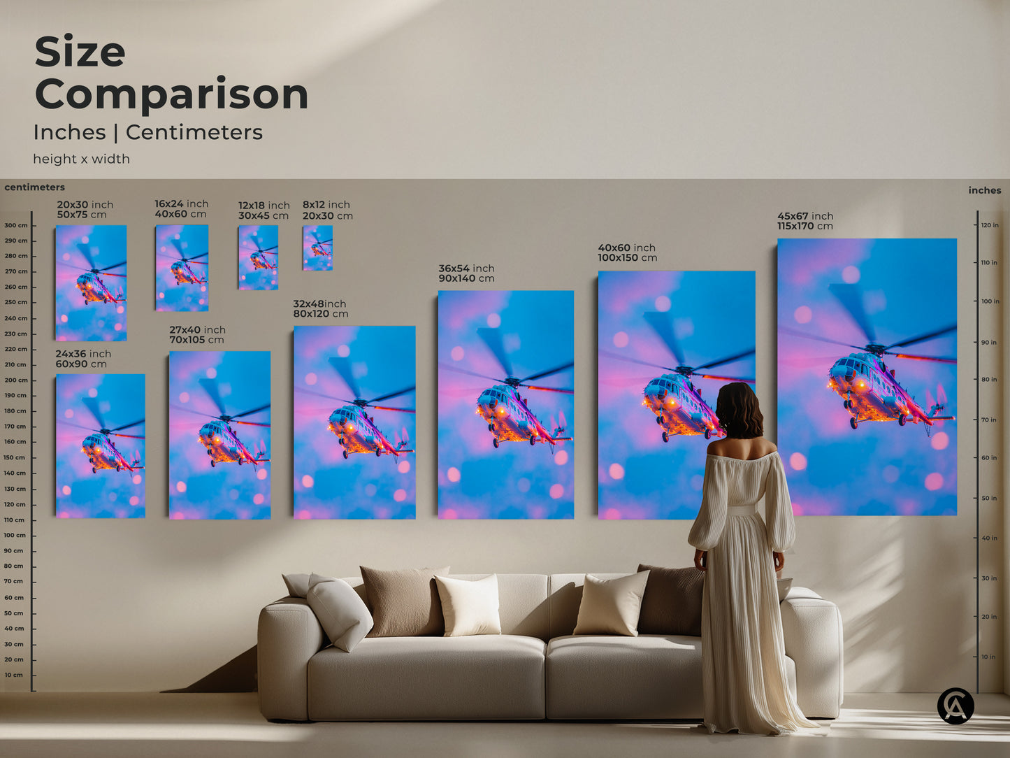Size comparison of helicopter artwork. See how different sizes fit with home decor. Available in inches and centimeters. Choose from canvas and poster prints to enhance your space. Find the perfect size to complement your living room or office.