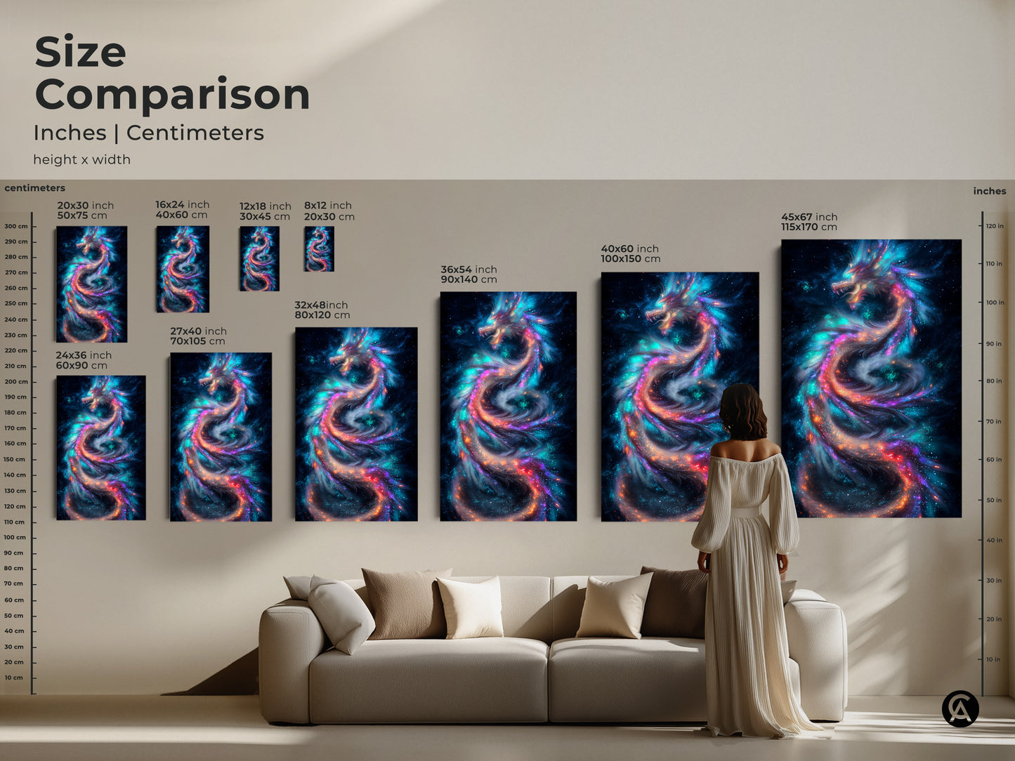 Size comparison of cosmic dragon art prints in inches and centimeters. A woman stands near a sofa for scale. Sizes range from 20x30 cm to 45x67 inches. The art is available as canvas and poster prints.
