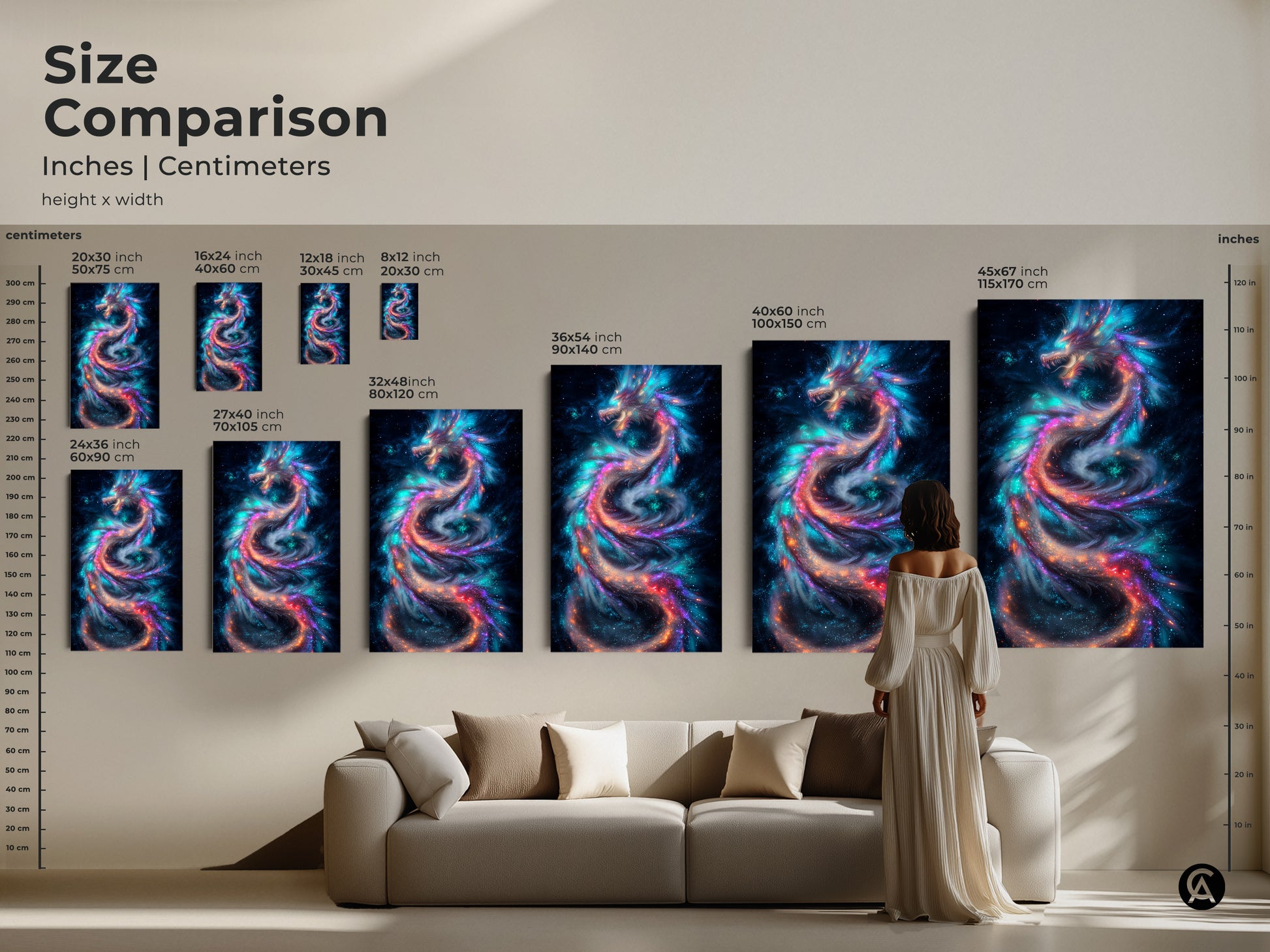Size comparison of cosmic dragon art prints in inches and centimeters. A woman stands near a sofa for scale. Sizes range from 20x30 cm to 45x67 inches. The art is available as canvas and poster prints.