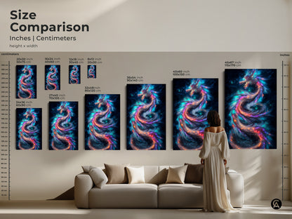Size comparison of cosmic dragon art prints in inches and centimeters. A woman stands near a sofa for scale. Sizes range from 20x30 cm to 45x67 inches. The art is available as canvas and poster prints.
