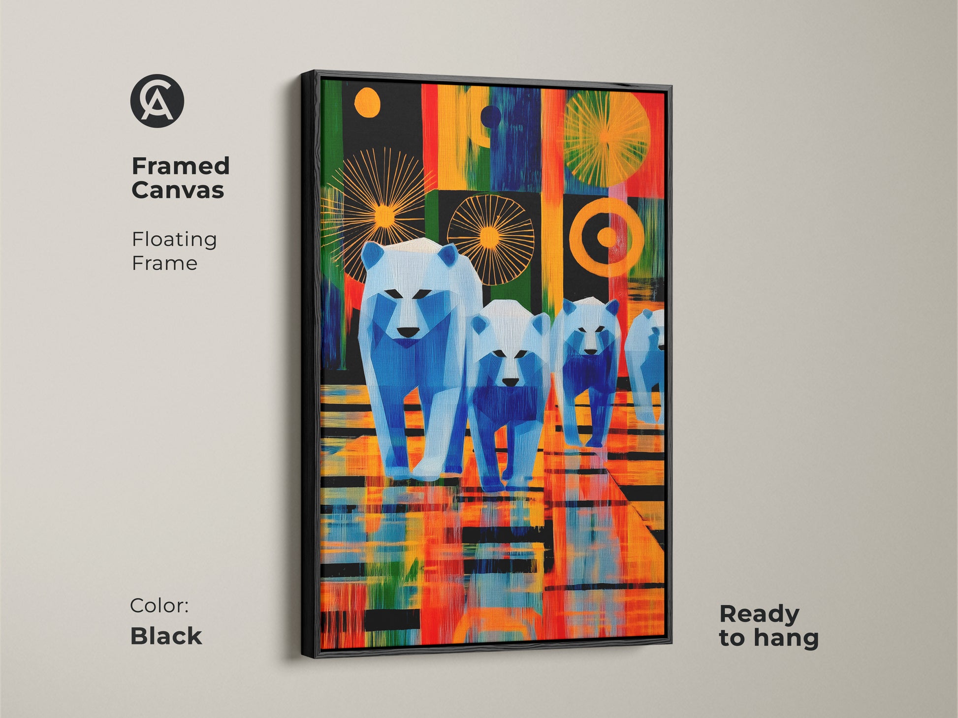 Framed canvas in black featuring a geometric polar bear family. This contemporary wall art combines teal orange and blue tones. The floating frame adds a modern touch. It's an ideal housewarming gift or unique home decor for animal lovers. Ready to hang.